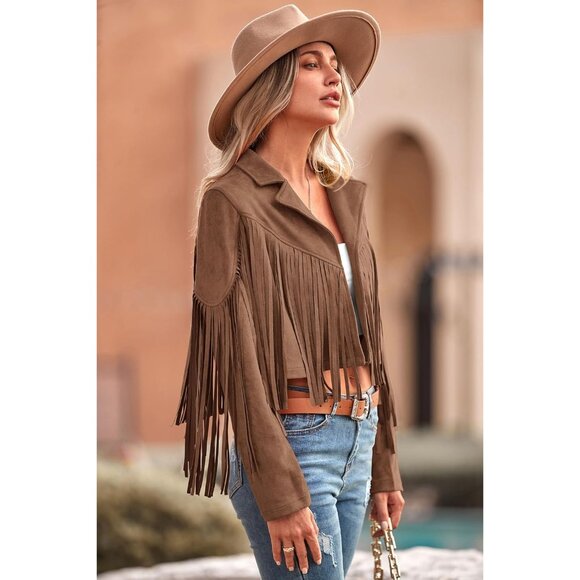 Prettygarden Women's Coffee Fringe Motorcycle Cropped Faux Leather Jackets - Picture 3 of 9